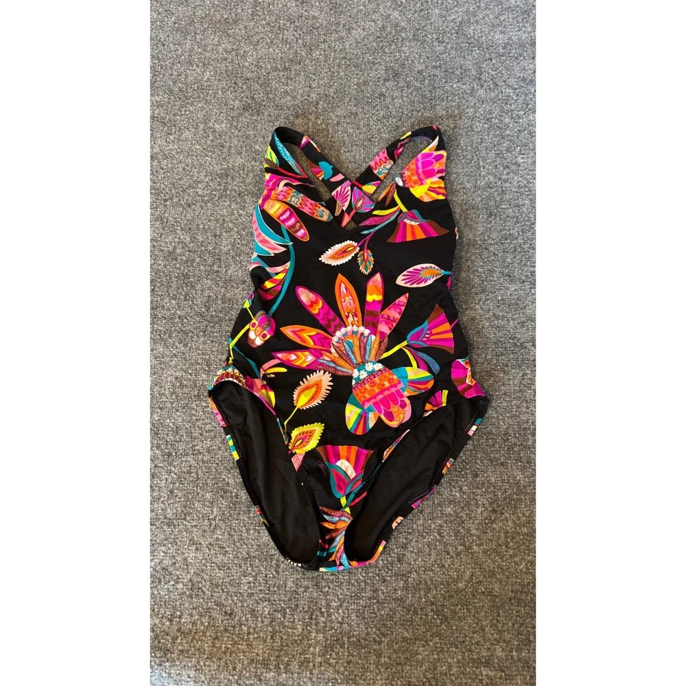 Trina Turk Black One-Piece Swimsuit with Neon Floral Print
